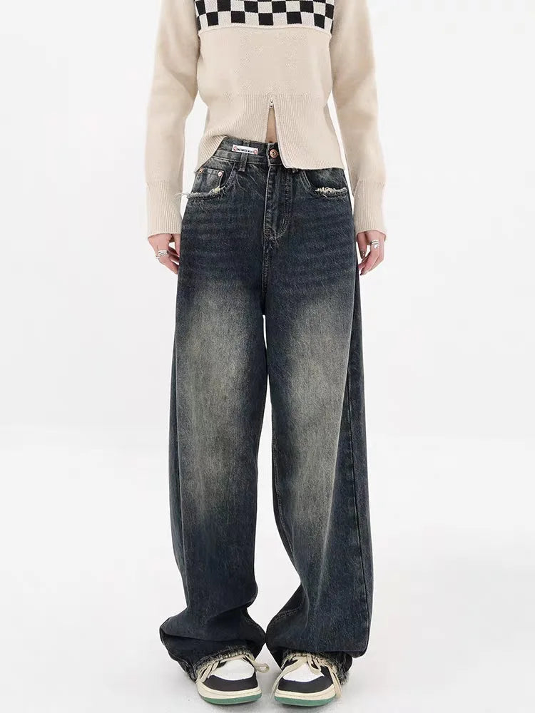 Y2K Distressed Wide Leg Jeans with Pockets for a Trendy Grunge Aesthetic Look