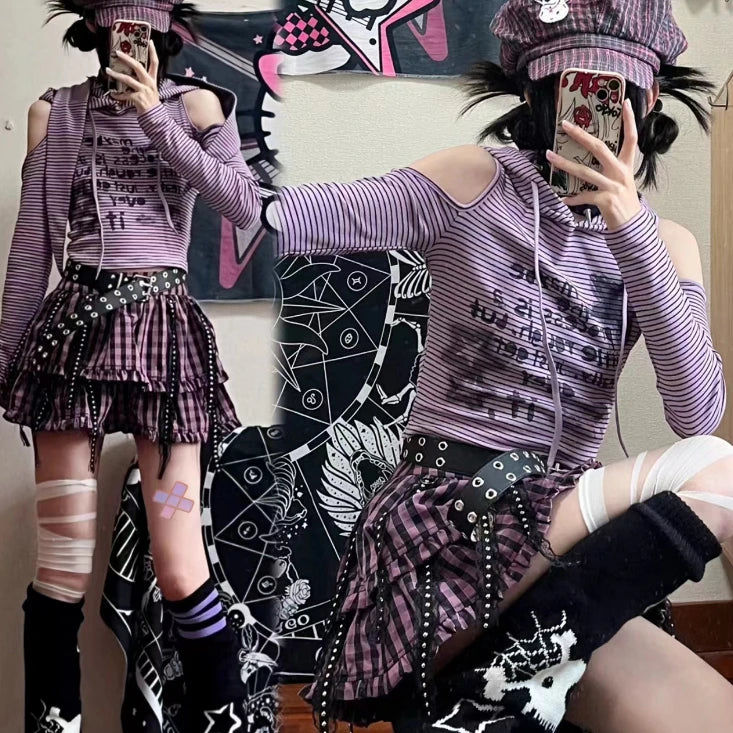 Y2K Emo Striped Rabbit Sweatshirt - Cute Grunge Aesthetic Top for Cozy Outfits