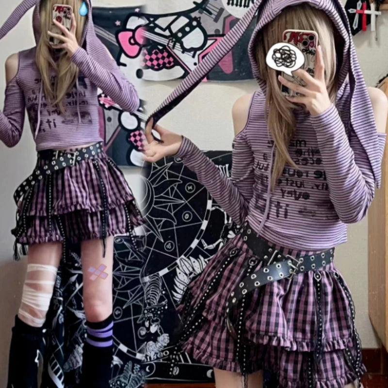 Y2K Emo Striped Rabbit Sweatshirt - Cute Grunge Aesthetic Top for Cozy Outfits