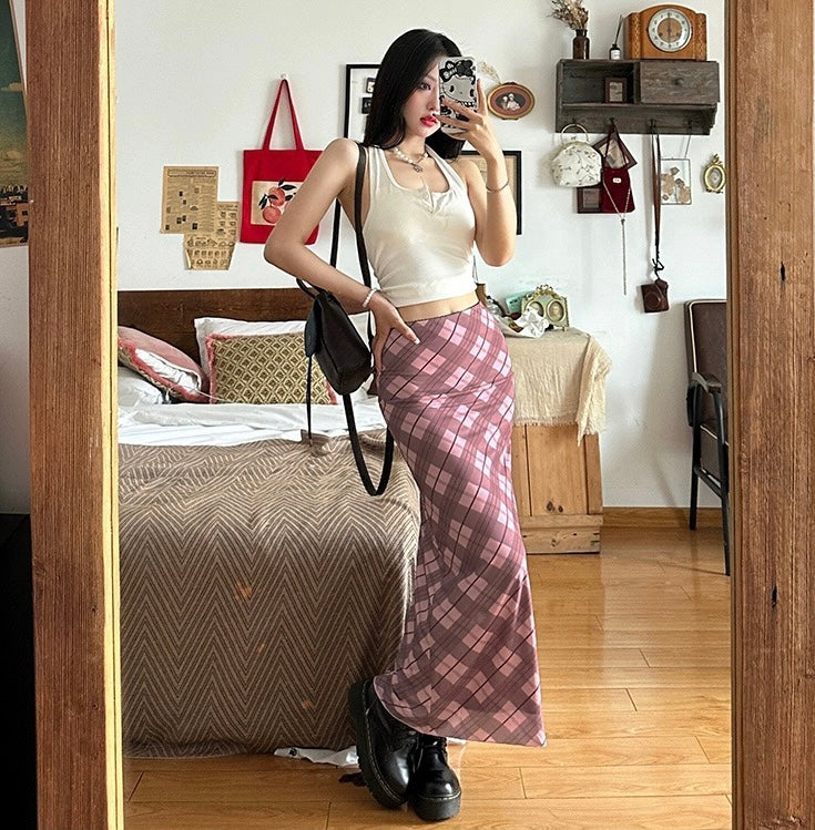 Y2K Fairy Grunge Pink Checkered Maxi Skirt - Vintage Aesthetic for Trendy Outfits