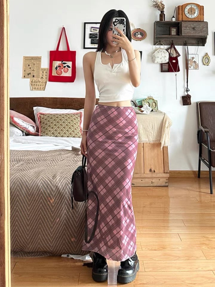 Y2K Fairy Grunge Pink Checkered Maxi Skirt - Vintage Aesthetic for Trendy Outfits