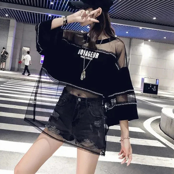 Y2K Fashion Hip-Hop Transparent Mesh Top - Edgy Grunge Style for Aesthetic Outfits