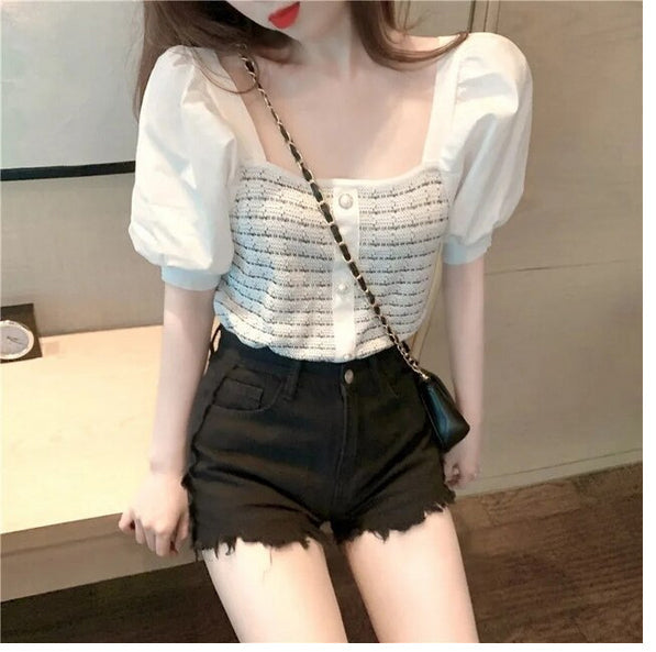 Y2K Fashion Short Sleeve Square Collar Blouse - Cute Stitching Top for Aesthetic Outfits