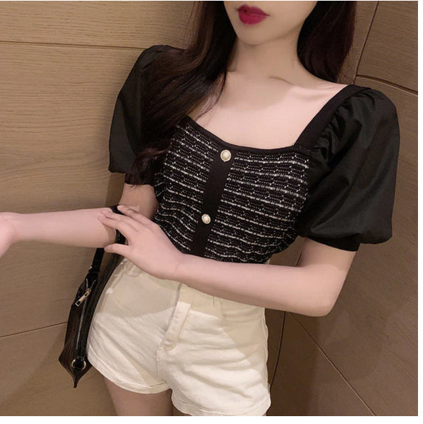 Y2K Fashion Short Sleeve Square Collar Blouse - Cute Stitching Top for Aesthetic Outfits