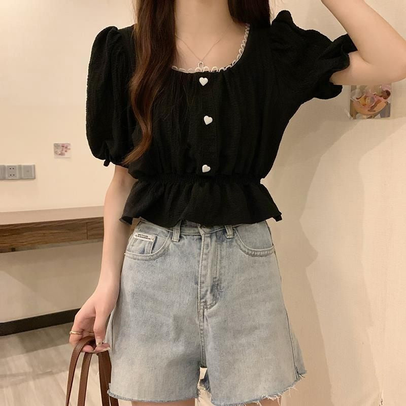 Y2K Fashion Short Sleeve Square Collar Blouse - Cute Tops for Aesthetic Outfits