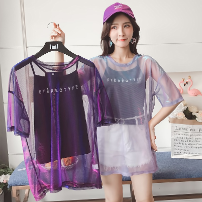 Y2K Fashion Two-Piece Set: Transparent Hollow Out Loose Short Sleeve Top & Bottom