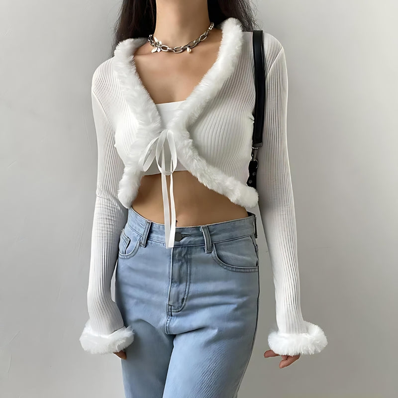 Y2K Faux Fur Corduroy Crop Cardigan for Coquette Aesthetic and Grunge Style Outfits