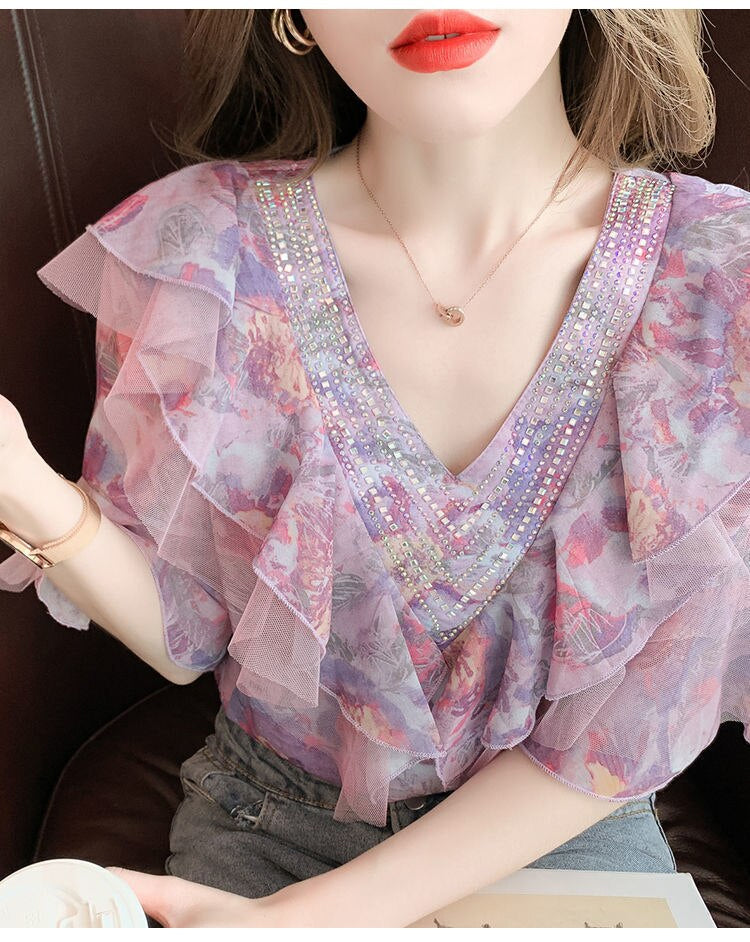 Y2K Floral Chiffon Blouse with Retro V-Neck - Perfect for Coquette and Grunge Aesthetics