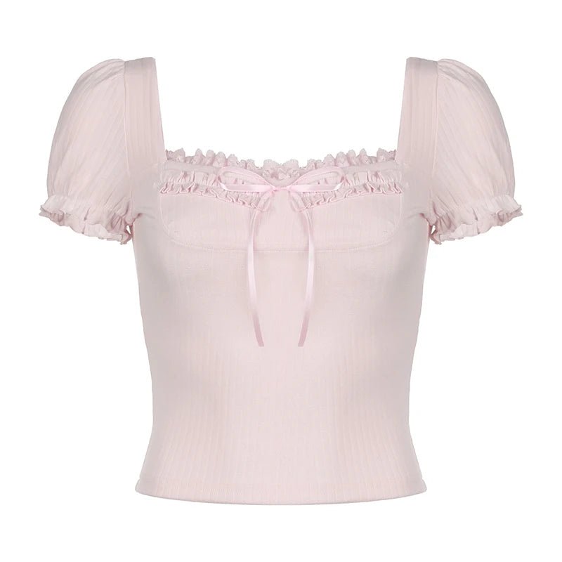 Y2K Frill Lace Bow Top - Cute Coquette Aesthetic for Trendy Outfits