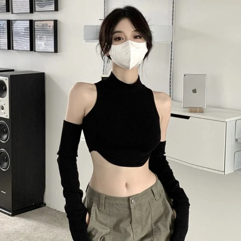 Y2K Grunge Aesthetic Outfit Set - Cute Crop Top & Cozy Arm Warmers