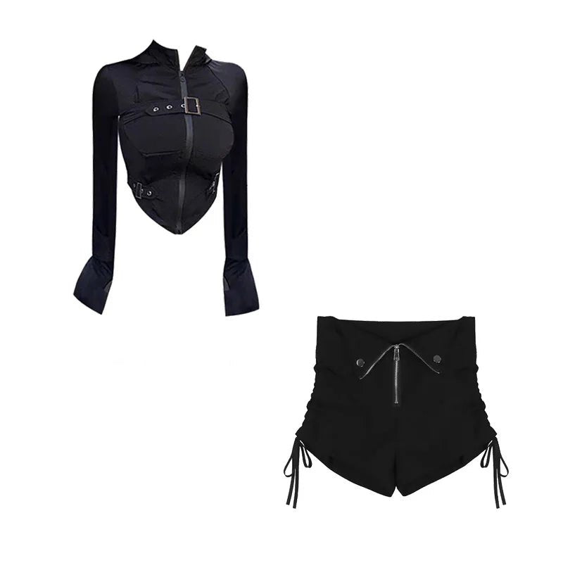 Y2K Grunge Aesthetic Sexy Gothic Two-Piece Outfit for Trendy Fashion Lovers