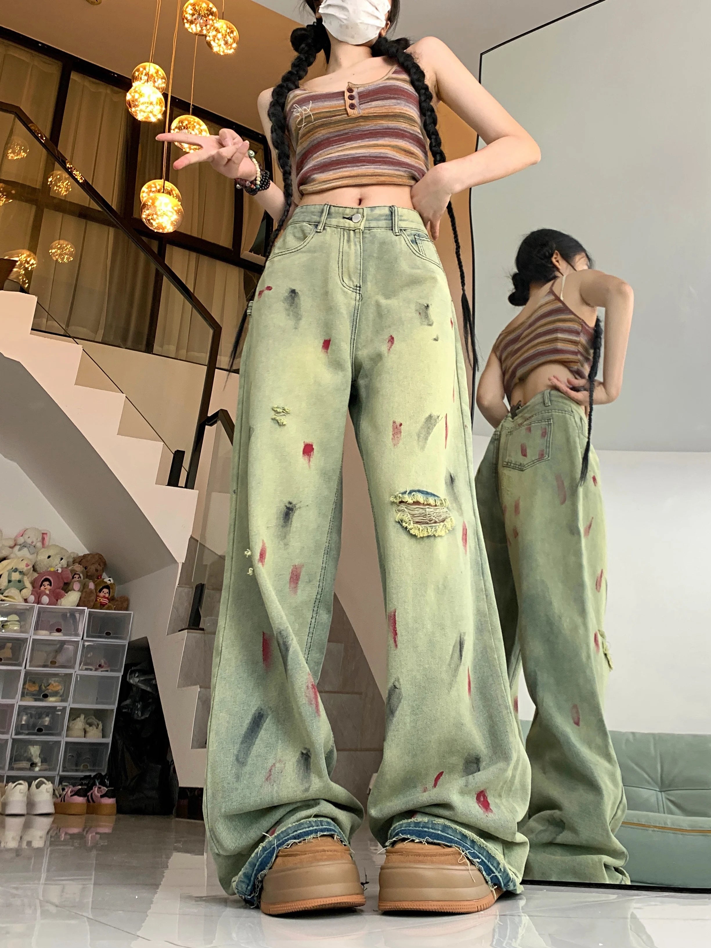 Y2K Grunge Art Splatter Wide-Leg Jeans for Aesthetic Outfits and Vintage Vibes