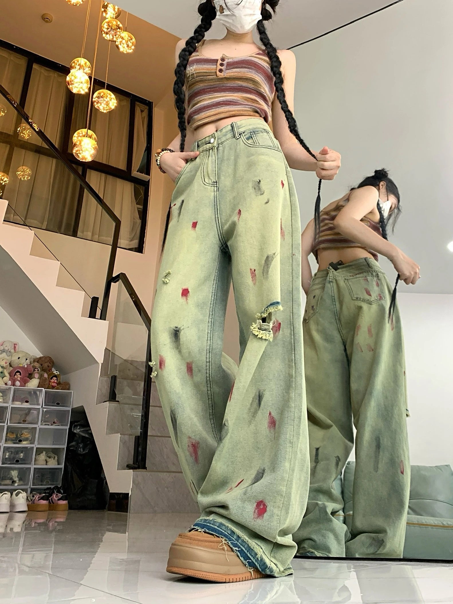 Y2K Grunge Art Splatter Wide-Leg Jeans for Aesthetic Outfits and Vintage Vibes