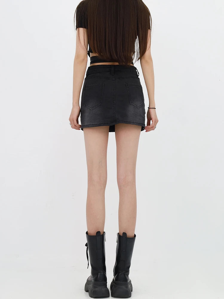 Y2K Grunge Denim Cross Belt Mini Skort - Trendy Aesthetic Skirt for Edgy Outfits