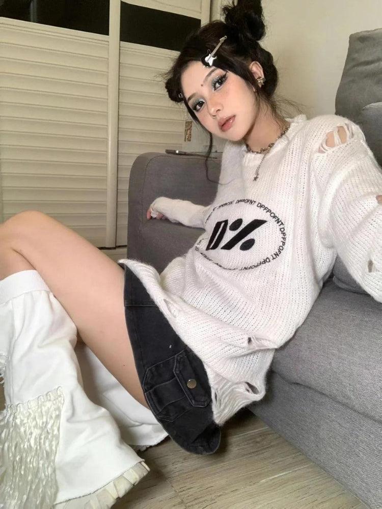 Y2K Grunge Distressed Knit Sweater for Aesthetic Outfits and Cozy Vibes