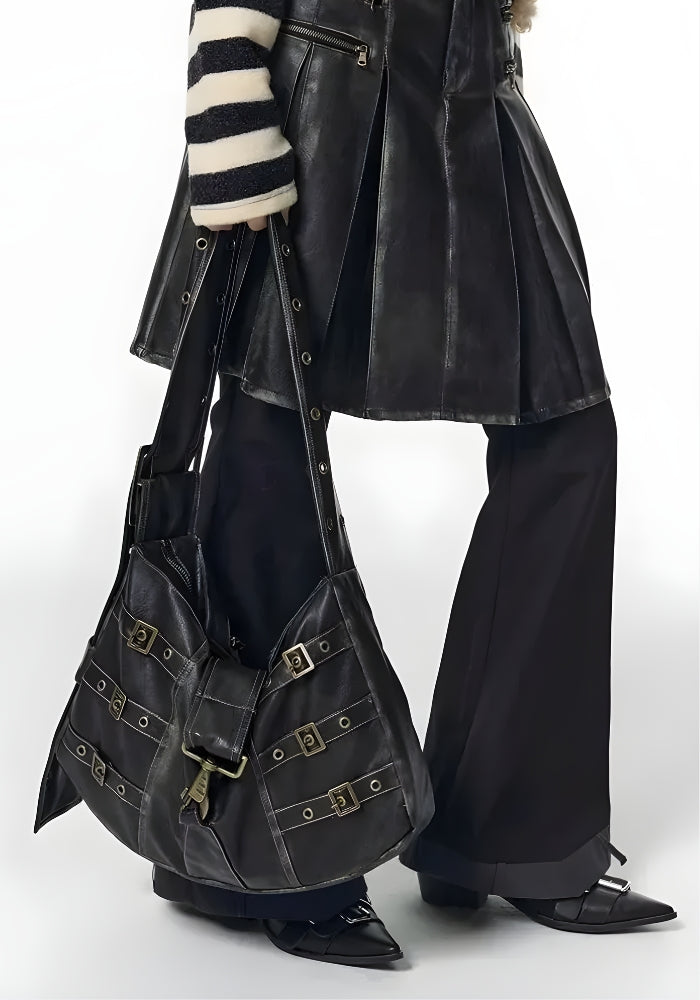 Y2K Grunge Faux Leather Belted Bag for Edgy Aesthetic Outfits and Stylish Looks