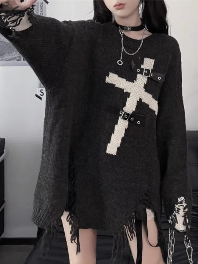 Y2K Grunge Gothic Cross Pullover - Edgy Aesthetic Hoodie for Unique Style