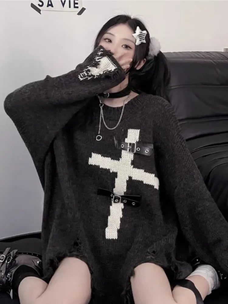 Y2K Grunge Gothic Cross Pullover - Edgy Aesthetic Hoodie for Unique Style