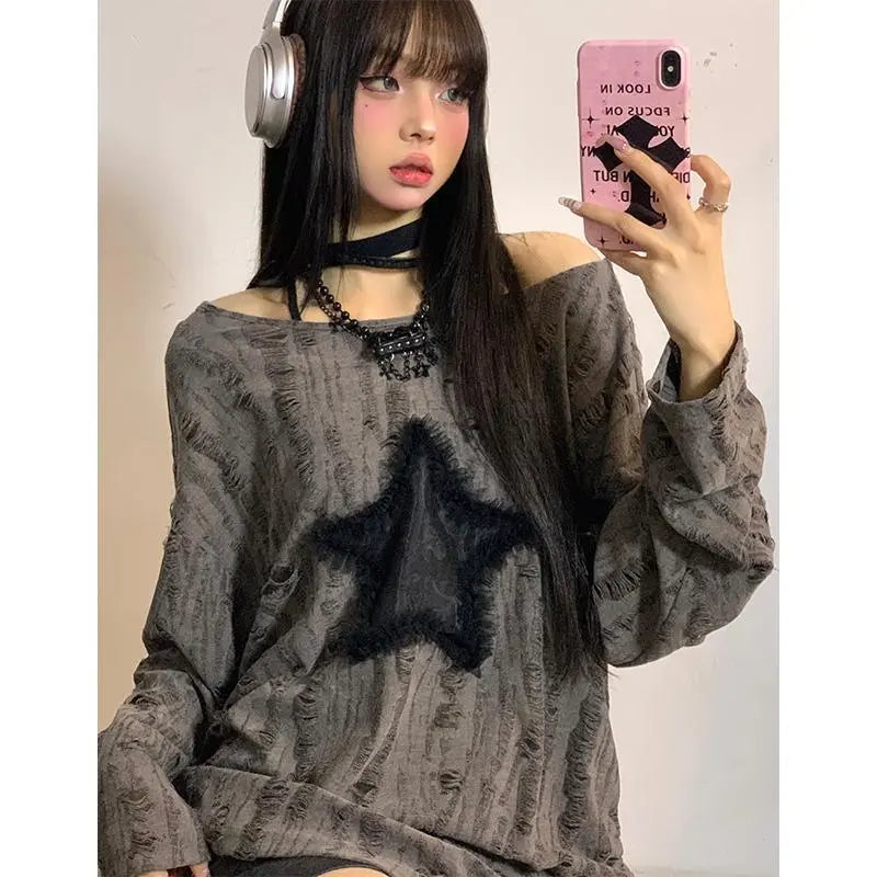 Y2K Grunge Knitted Longsleeve Top for Aesthetic Outfits and Cozy Style