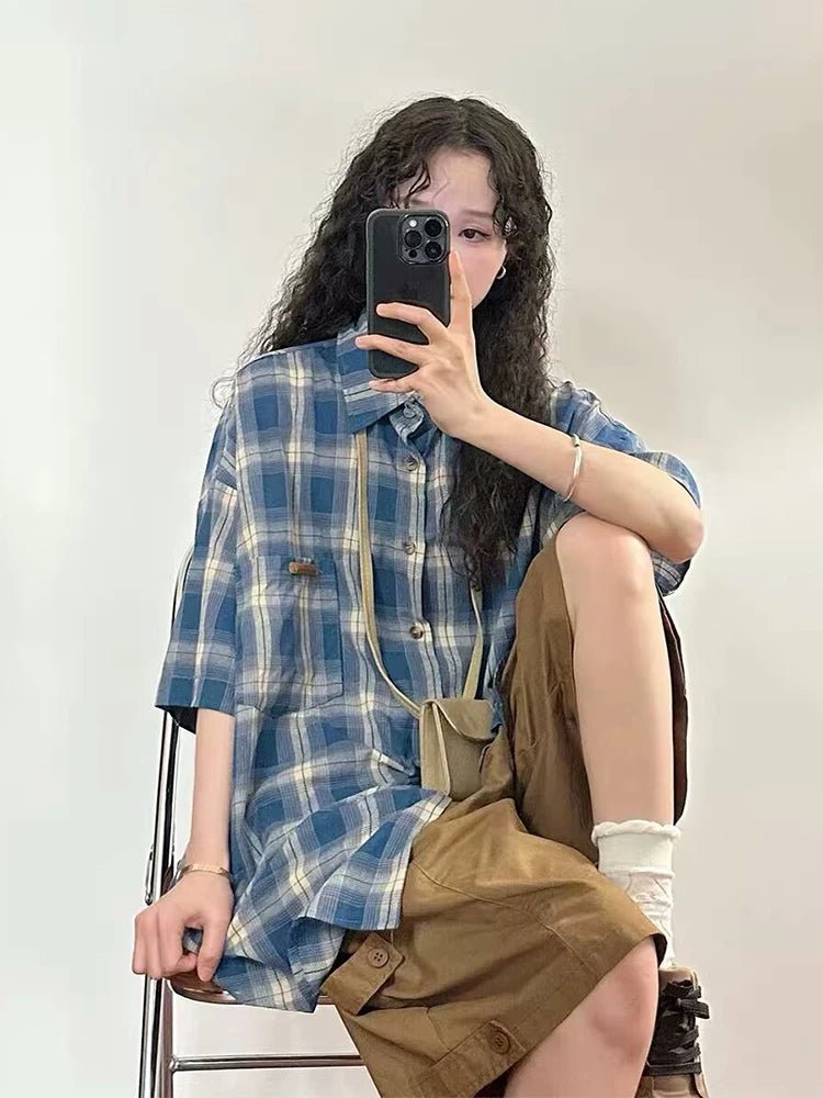 Y2K Grunge Plaid Short Sleeve Shirt - Vintage Aesthetic Top for Edgy Outfits