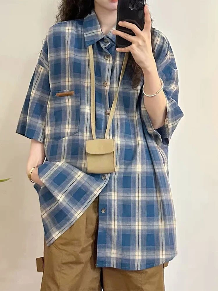 Y2K Grunge Plaid Short Sleeve Shirt - Vintage Aesthetic Top for Edgy Outfits