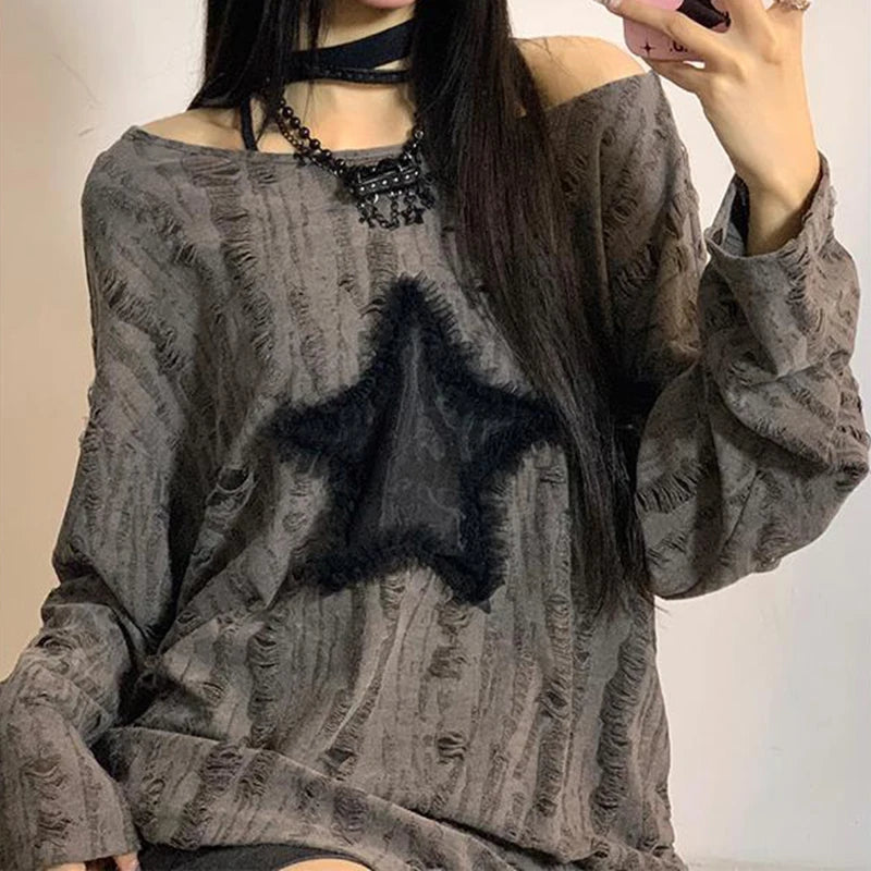 Y2K Grunge Ripped Longsleeve Top - Edgy Aesthetic Fashion for Trendy Outfits