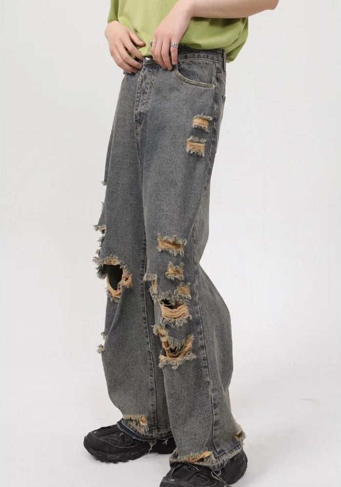 Y2K Grunge Ripped Straight Leg Jeans for Edgy Aesthetic Outfits and Vintage Style