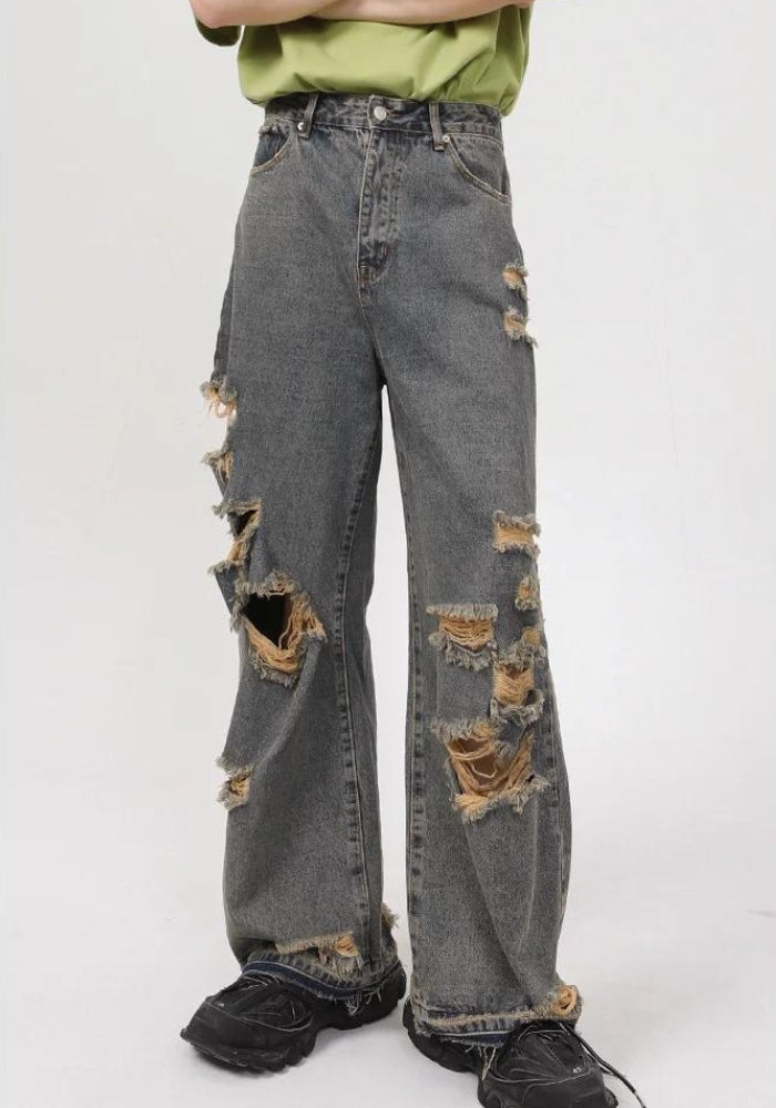 Y2K Grunge Ripped Straight Leg Jeans for Edgy Aesthetic Outfits and Vintage Style