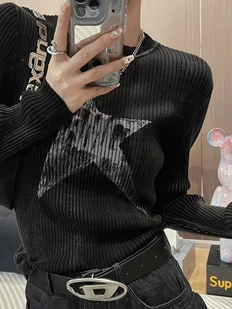 Y2K Grunge Striped O-Neck Sweater - Vintage Aesthetic Knit Top for Cozy Outfits