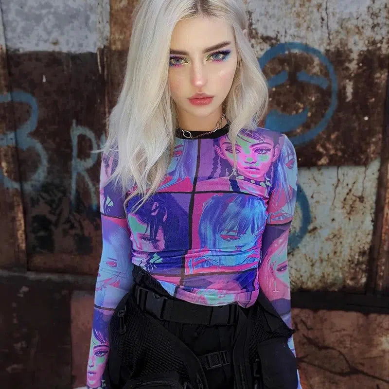 Y2K Grunge Style Mesh Top for Punk Girls - Edgy Aesthetic Fashion Statement