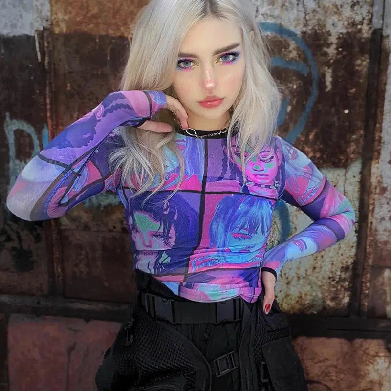 Y2K Grunge Style Mesh Top for Punk Girls - Edgy Aesthetic Fashion Statement