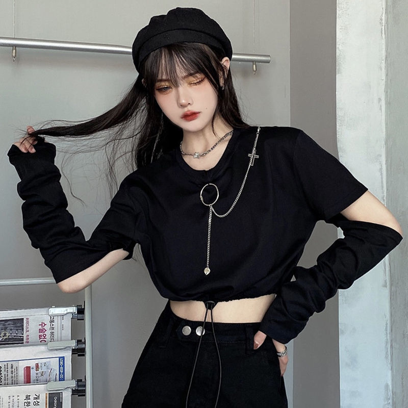 Y2K Grunge Style Removable Sleeve T-Shirt with Chain for Edgy Aesthetic Outfits