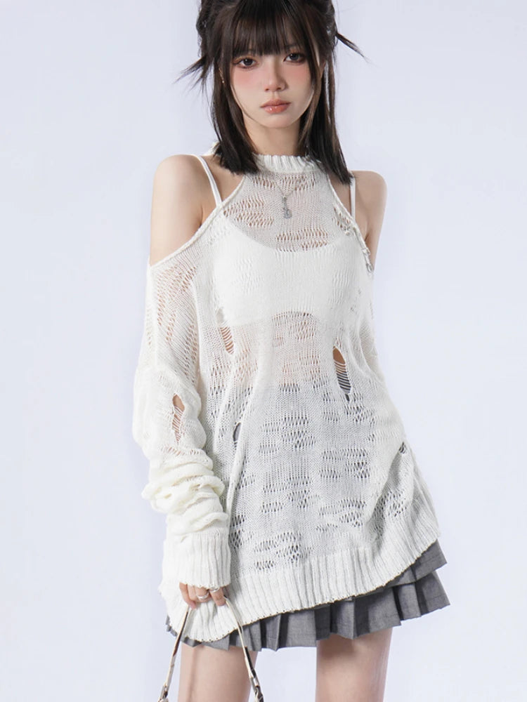 Y2K Grunge Thin Knit Sweater - Vintage Aesthetic Top for Cozy Layering and Style