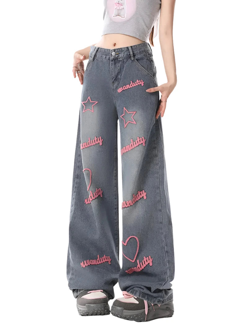 Y2K High Waist Embroidered Jeans for Trendy Grunge and Coquette Aesthetic Outfits