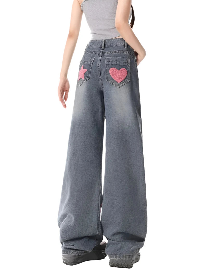 Y2K High Waist Embroidered Jeans for Trendy Grunge and Coquette Aesthetic Outfits