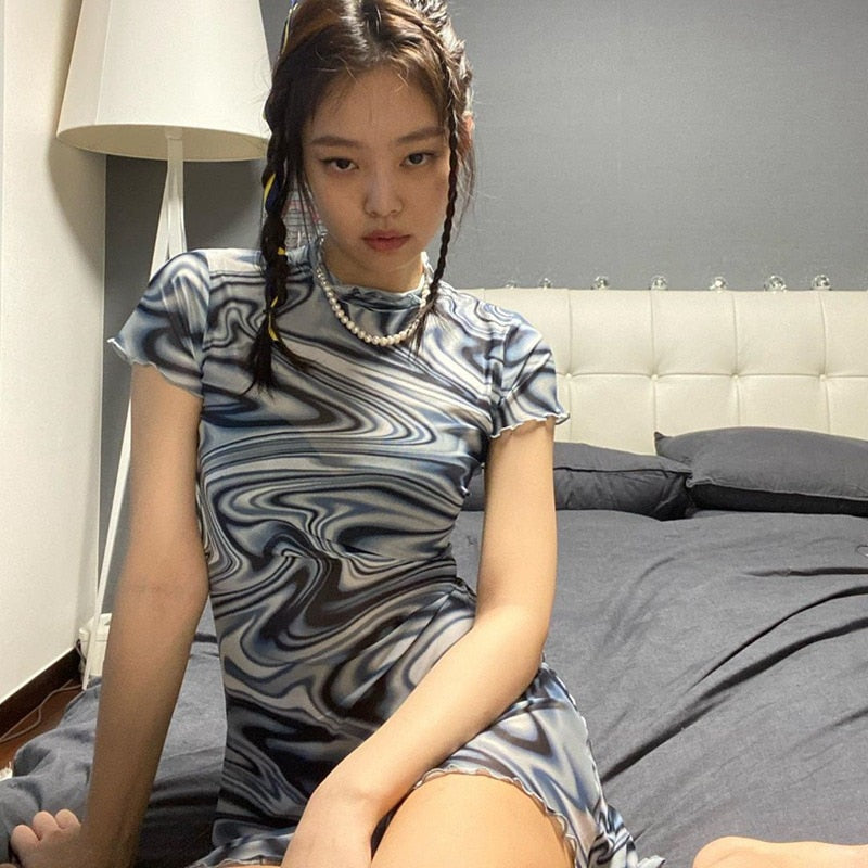 Y2K Korean Aesthetic Swirl Mini Dress Inspired by Blackpink Jennie for Trendy Looks