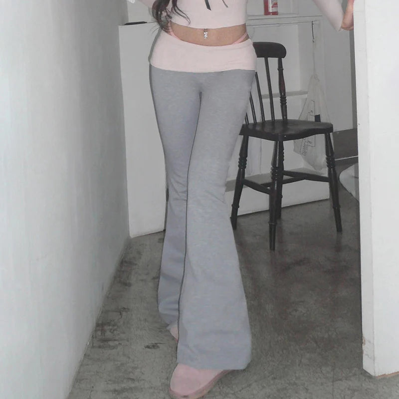 Y2K Low Rise Grey Pink Fold Over Flared Yoga Pants for Trendy Aesthetic Outfits