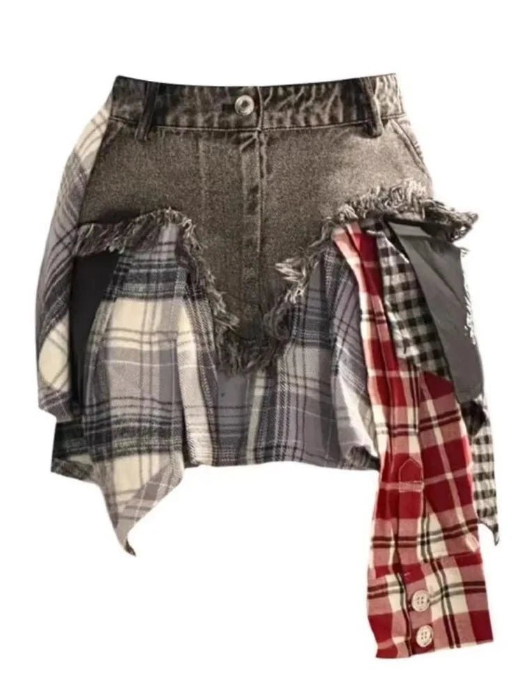 Y2K Patchwork Plaid Denim Skirt - Trendy Grunge Aesthetic for Stylish Outfits