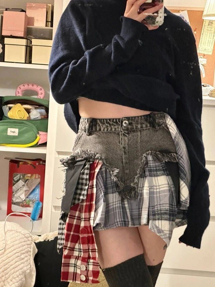 Y2K Patchwork Plaid Denim Skirt - Trendy Grunge Aesthetic for Stylish Outfits