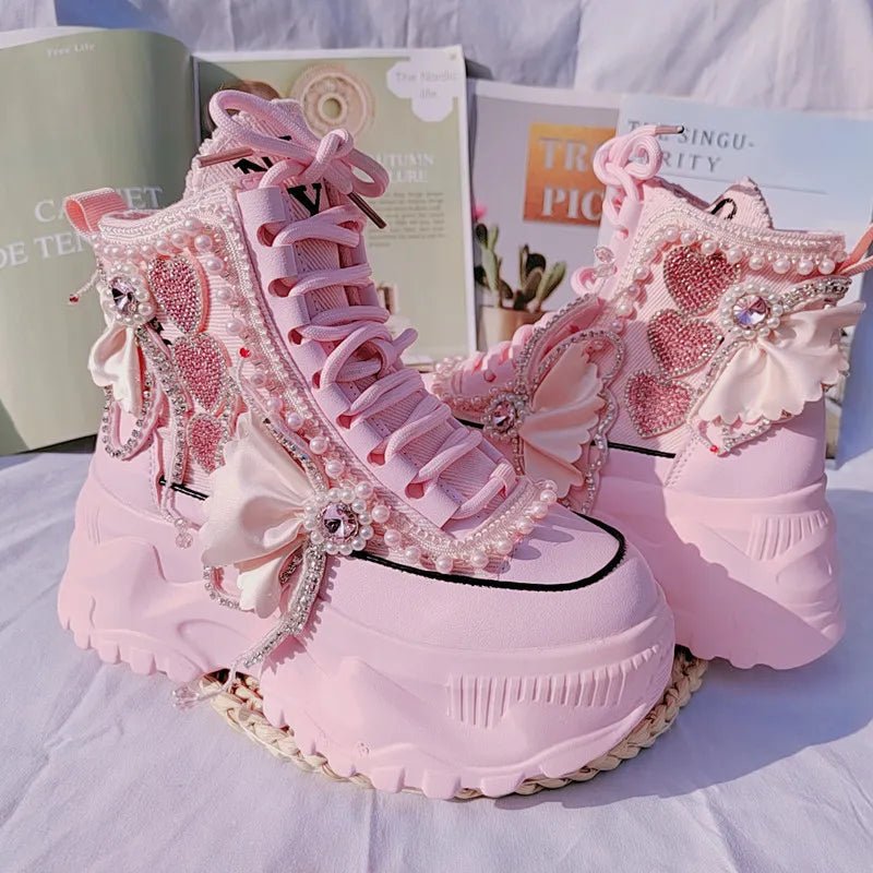 Y2K Pink Pearl Heart High Platform Sneakers for Cute Coquette Aesthetic Outfits