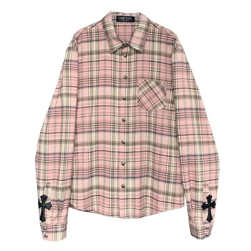 Y2K Pink Plaid Button Up Shirt - Cute Coquette Aesthetic Top for Trendy Outfits