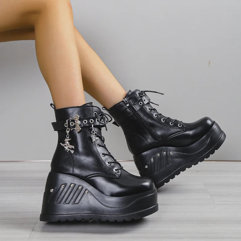 Y2K Platform Wedge Punk Boots for Grunge Aesthetic and Edgy Style Enthusiasts