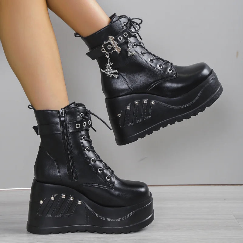 Y2K Platform Wedge Punk Boots for Grunge Aesthetic and Edgy Style Enthusiasts