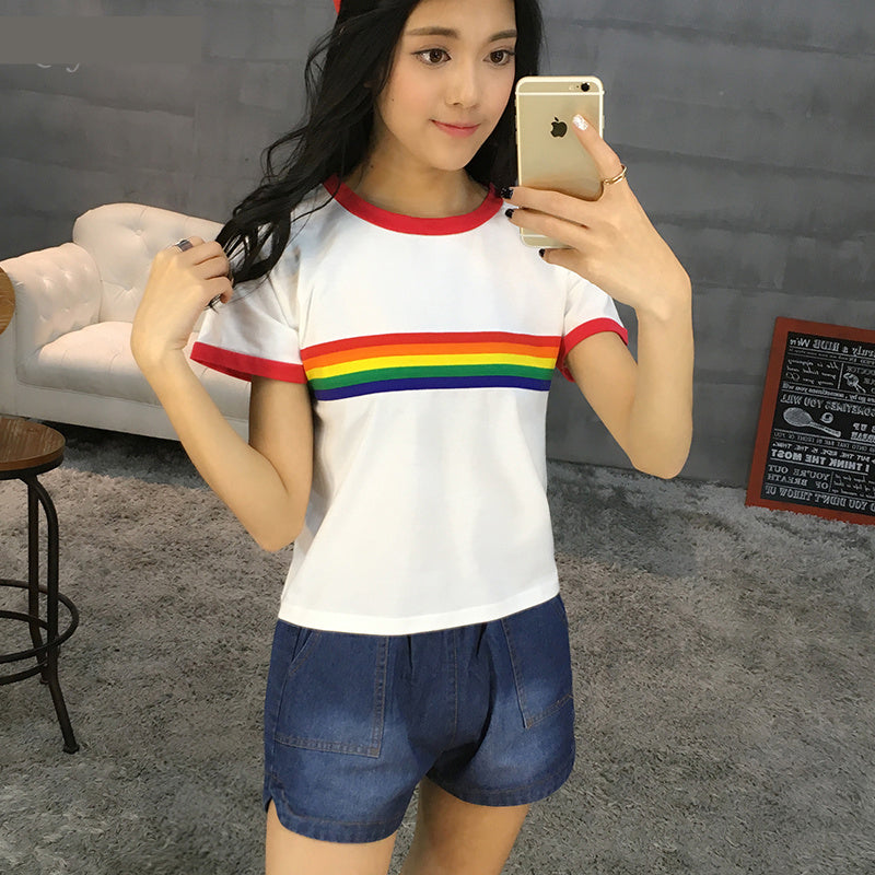 Y2K Rainbow Stripe Ringer Shirt - Retro Aesthetic Top for Cute Outfits and Grunge Style