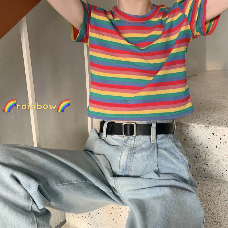 Y2K Rainbow Striped Cropped Top - Cute Aesthetic Shirt for Trendy Outfits