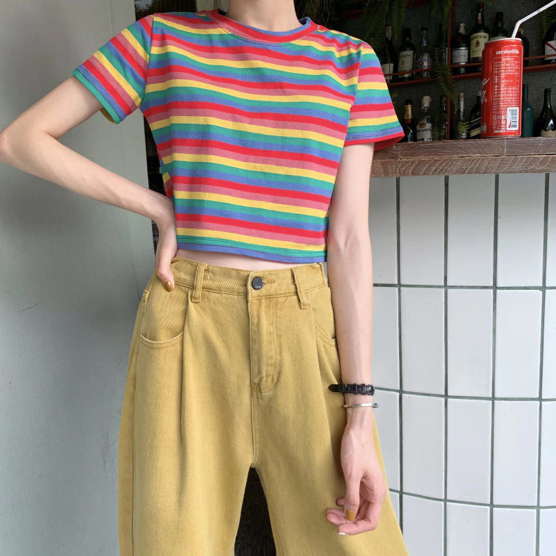 Y2K Rainbow Striped Cropped Top - Cute Aesthetic Shirt for Trendy Outfits