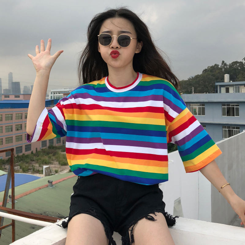 Y2K Rainbow Striped T-Shirt - Cute Aesthetic Top for Colorful Outfits