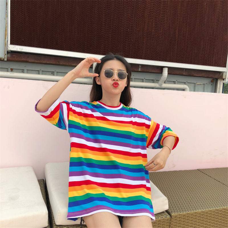 Y2K Rainbow Striped T-Shirt - Cute Aesthetic Top for Colorful Outfits