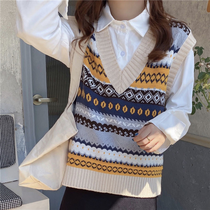 Y2K Retro V-Neck Geometric Pattern Sweater Vest for Aesthetic Outfits