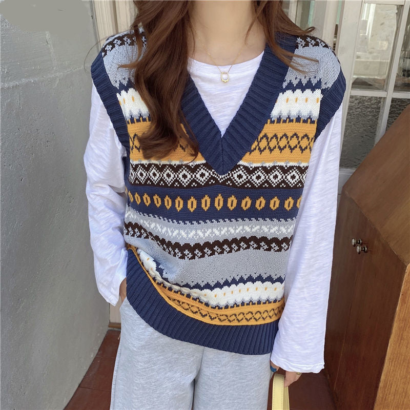 Y2K Retro V-Neck Geometric Pattern Sweater Vest for Aesthetic Outfits